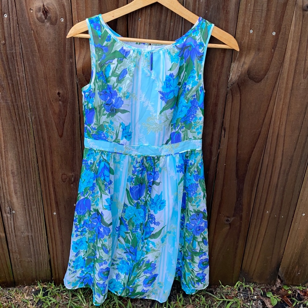 Talbots Cornflower Blue Floral Chiffon Overlay Dress Sz 4 NWT